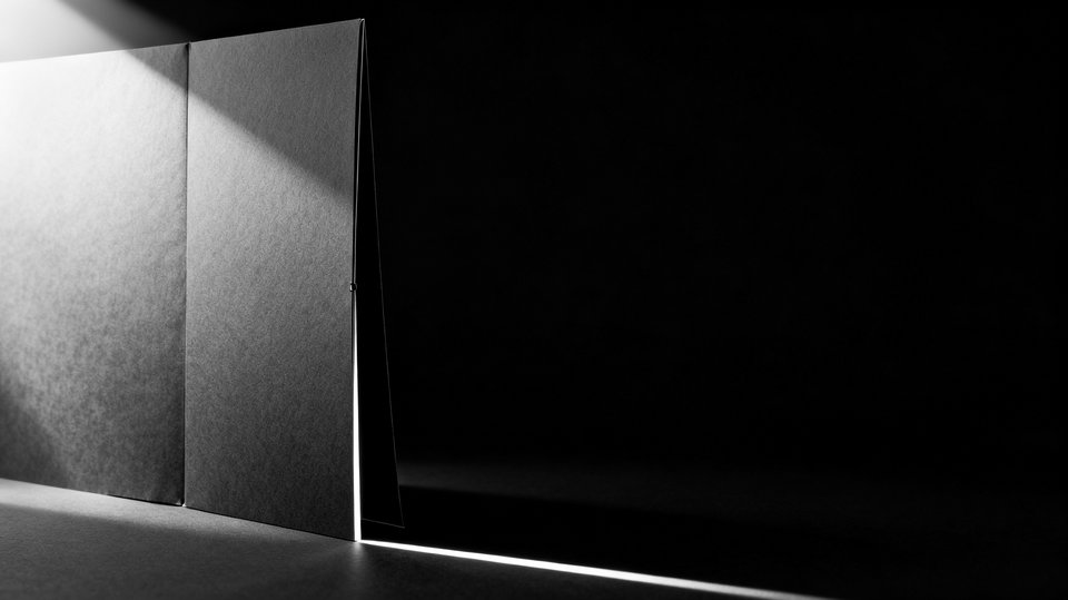 A black sheet standing open, swung into the dark.